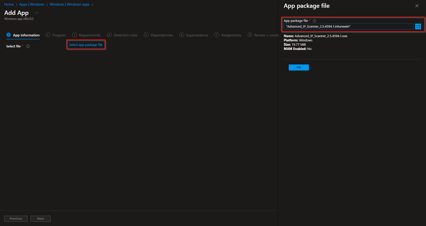 Uploading IntuneWin file in Intune